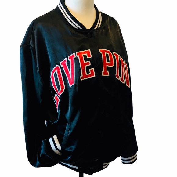 PINK Black Satin Bomber Jacket Coat Love Pink Logo - Picture 3 of 14